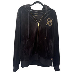 Calvin Klein 3 x Blk Velour Rhinestone Glitter Logo Hoodie Jacket NWT
